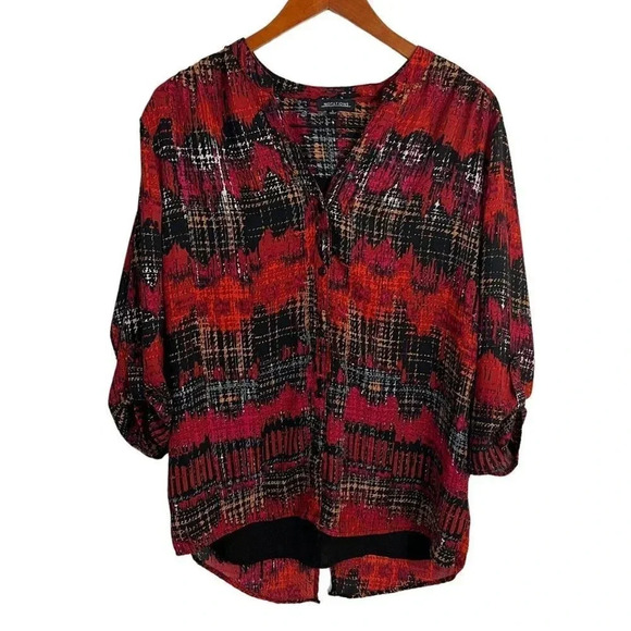Notations Red Abstract Striped Blouse Womens Large Button Up Open Back Lined Top - Picture 1 of 9